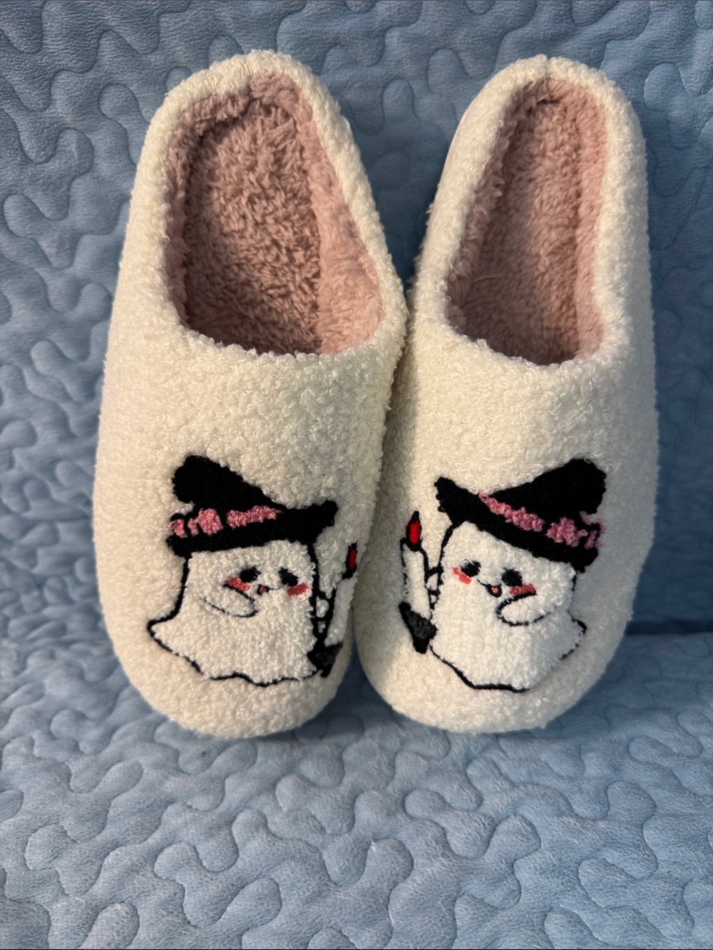 Cream Cozy Women's Ghost Slippers with Pink Lining